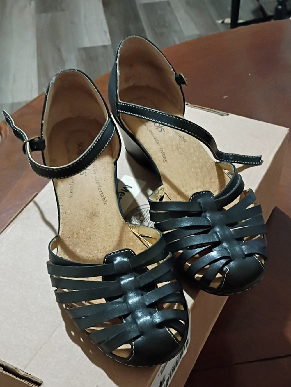 Softspots Black Strappy Peep-Toe Heels with Ankle Strap